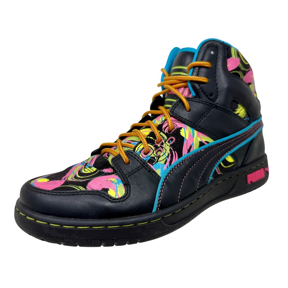Puma 1st Round High Top Sneakers Black Neon Swirl Multi-Color Womens 8 349584 02